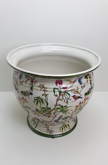 grote aardewerk bloempot cach pot met motief bloemen ronde plantenbak