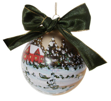 Glazen kerstbal mat goud beschilderd huis en sneeuwman, groene strik 10cm