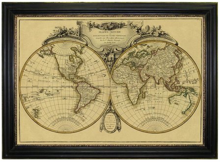 Schilderij Mappe du Monde wereldkaart in zwarte lijst met glas