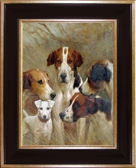Een schilderij van canvas doek met 5 honden afgebeeld incl. lijst van zwart met zilver goud detail 