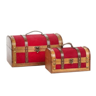 set houten koffer box met rood ribcord velours
