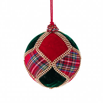 tartan kerstbal gemaakt van stof met rood en groen fluweel afgezet met goud detail