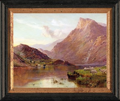 Schilderij met schapen aan een meer in Schotland