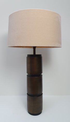 tafellamp vintage zwart messing met beige velour cylinder kap Light & Living 