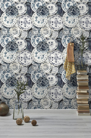 Borden behang vintage Delfstblauw