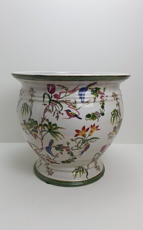 grote aardewerk bloempot cach pot met motief bloemen ronde plantenbak