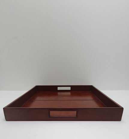 cognac leren dienblad vierkant met 2 handvatten