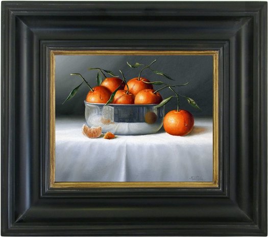 Schilderij stilleven sinaasappels in metalen kom