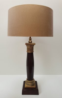 Tafellamp in bruin tabaco met messing vintage brass voet incl. velours lampenkap