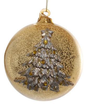 glazen kerstbal in antiek goud glitter met kerstboom