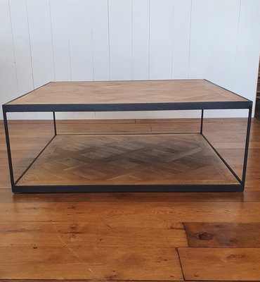 UITVERKOCHT!! salontafel vierkant met eiken parket inleg en stoer stalen frame in zwart industrieel uiterlijk