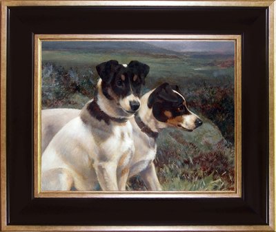 Schilderij van 2 honden Jack Russel op canvas doek in zwart met gouden lijst