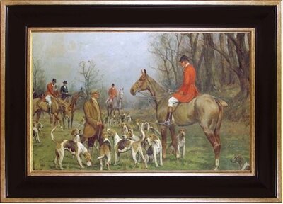 schilderij Engelse jacht met paarden en ruiters in rode jas