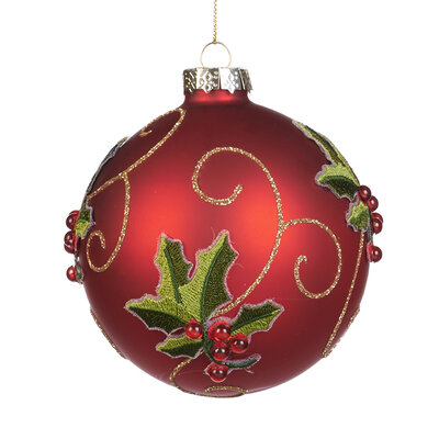 luxe kerstbal mat rood met geborduurde bloem