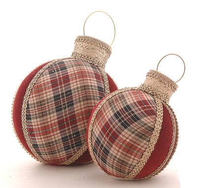 tartan table top kerstbal met ruitstof en velours 22 cm