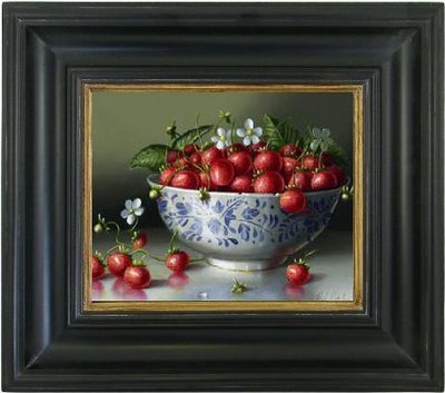 Schilderij canvas doek stilleven aardbeien in Chinese kom oude druktechniek incl. lijst