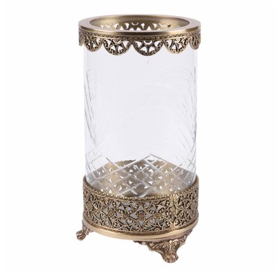 Windlicht met messing rand en geslepen glas