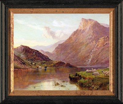 Schilderij met schapen aan een meer in Schotland
